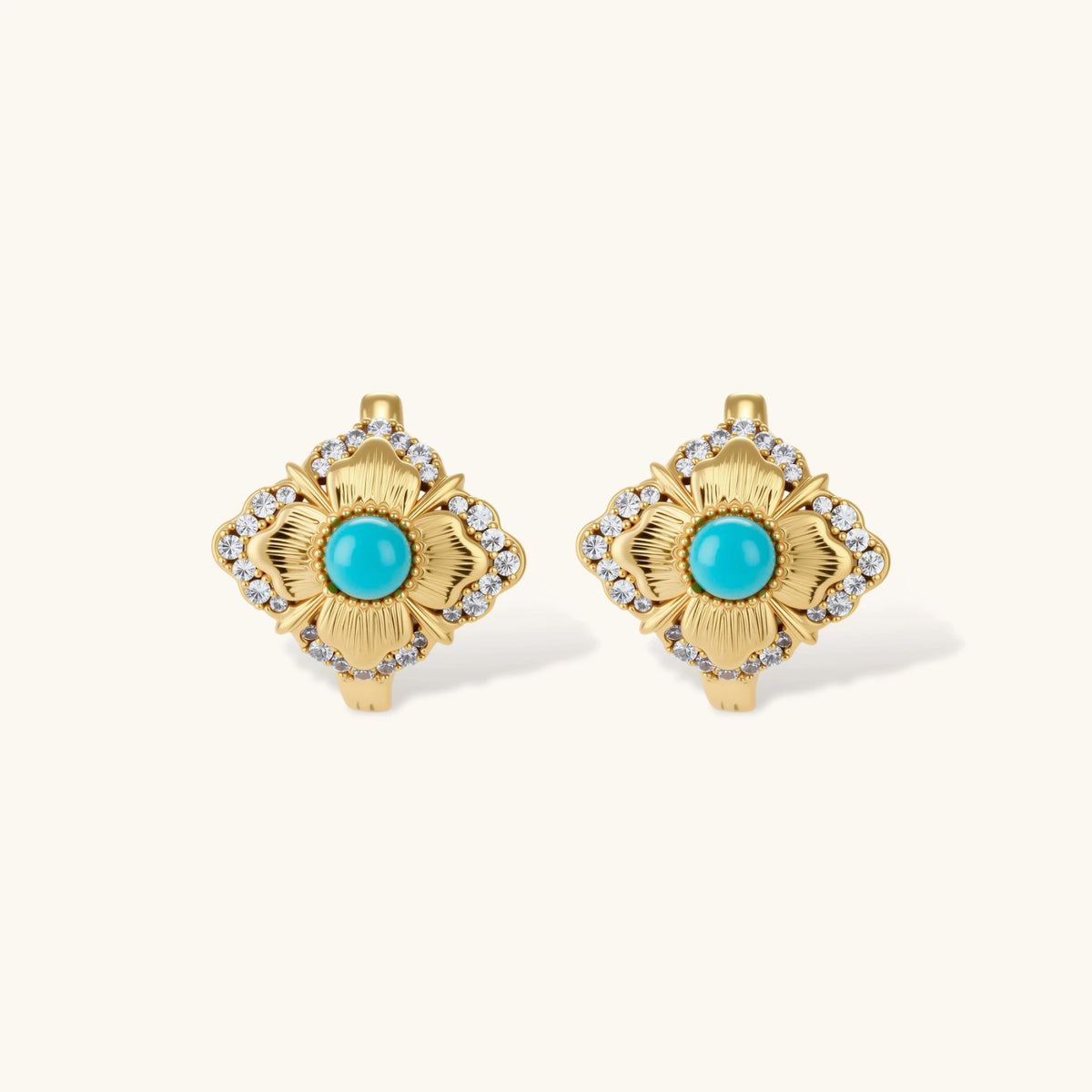 Close-up of 18K gold plated hoop earrings with turquoise center stones and zircon crystals in quatrefoil flower design